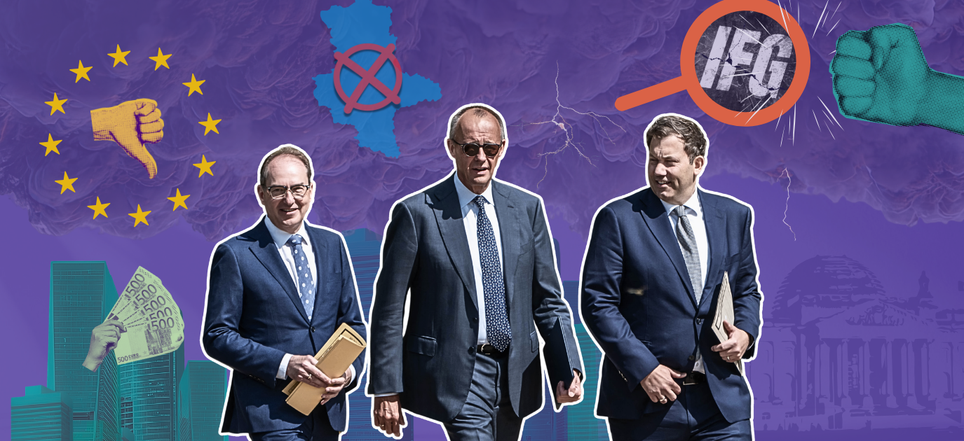 Collage zum Ende der politischen Sommerpause: Alexander Dobrindt, Friedrich Merz und Lars Klingbeil vor dunklen Wolken; Symbole verweisen auf EU-Kritik an Deutschlands Regeln zur Vermögenstransparenz, den AfD-Wahlsieg in Sachsen-Anhalt und den Angriff auf das Informationsfreiheitsgesetz. picture alliance/dpa | Michael Kappeler
