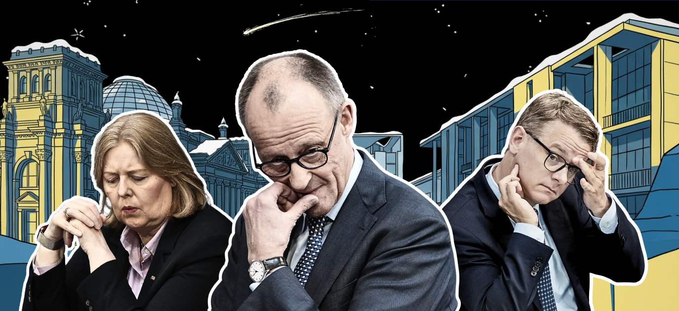 Fotos: picture alliance - dts Nachrichtenagentur GmbH (Bas), Kay Nietfeld (Merz), Christoph Soeder (Linnemann), Hintergrund: KI-generiert mit Firefly, Montage: abgeordnetenwatch; Bärbel Bas, Friedrich Merz und Carsten Linnemann mit gesenkten Blicken; dahinter in Blau- und Gelbtönen illustriert Gebäude des Berliner Regierungsviertels; darüber ein Nachthimmel mit Sternen und einer Sternschnuppe. 